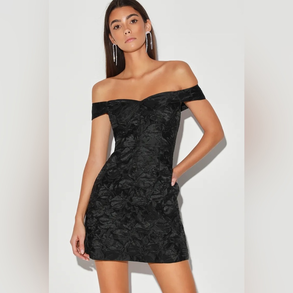 Lulus Black You’re All Heart Jacquard Satin Floral Off the Shoulder Mini Dress